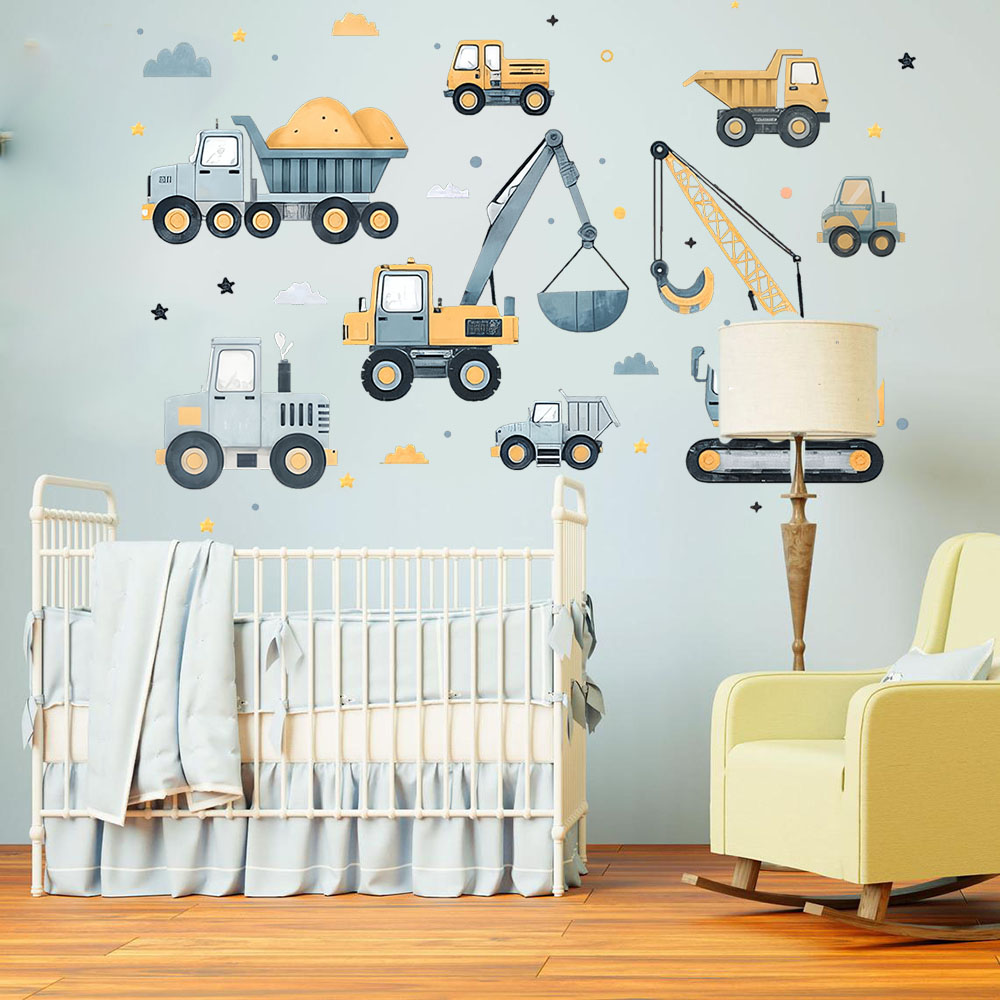 Baby Nursery Wall Mural - مجموعة مركبات حفارة كرتونية ملصق حائط