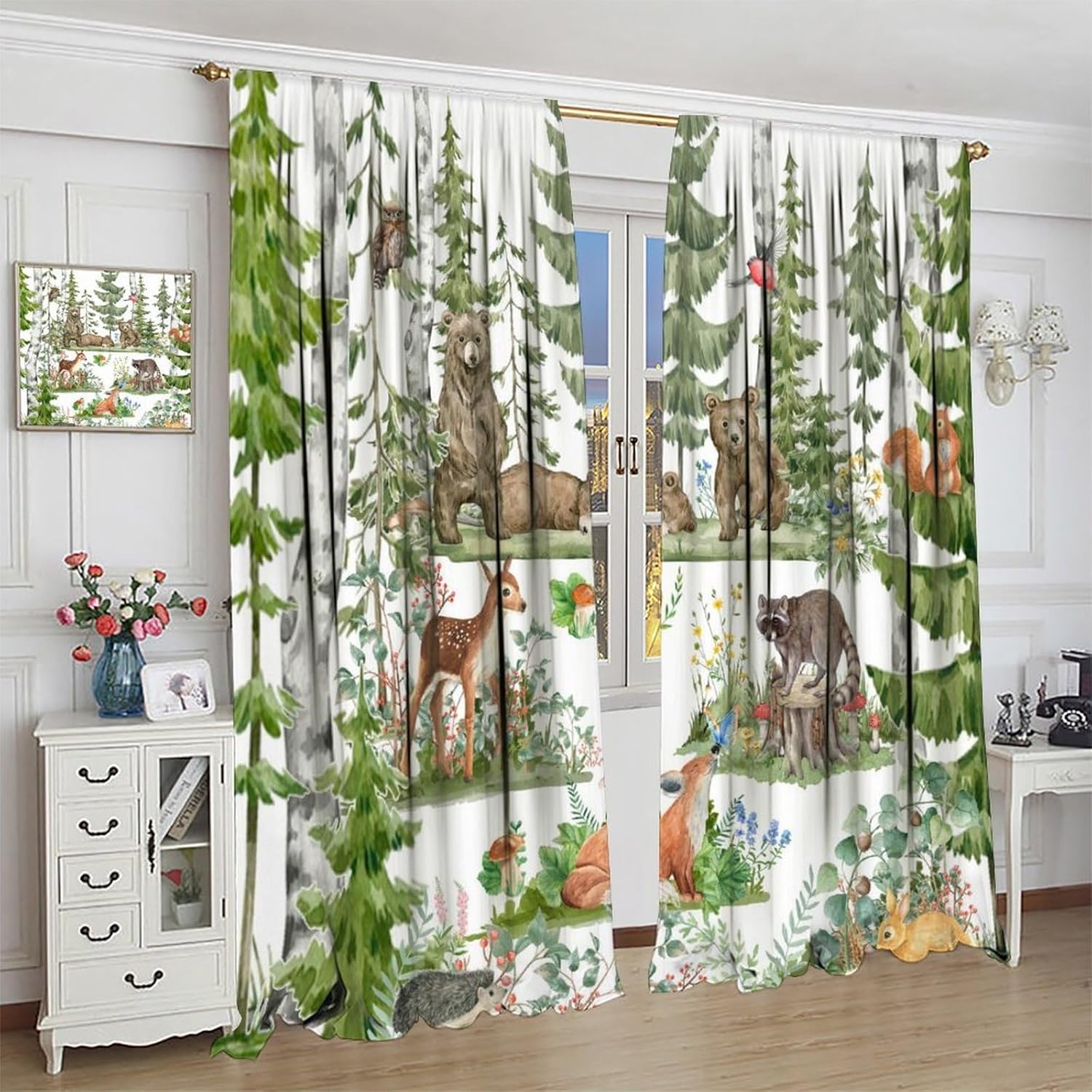 Baby Nursery Curtains - ستائر حيوانات الغابة للأطفال، ألوان مائية