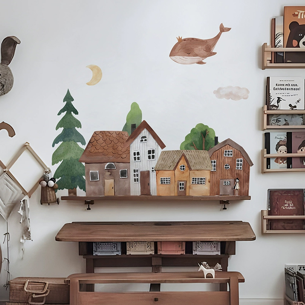 Baby Nursery Wall Mural - قماش الكرتون الغابات خمر بلدة الجدار